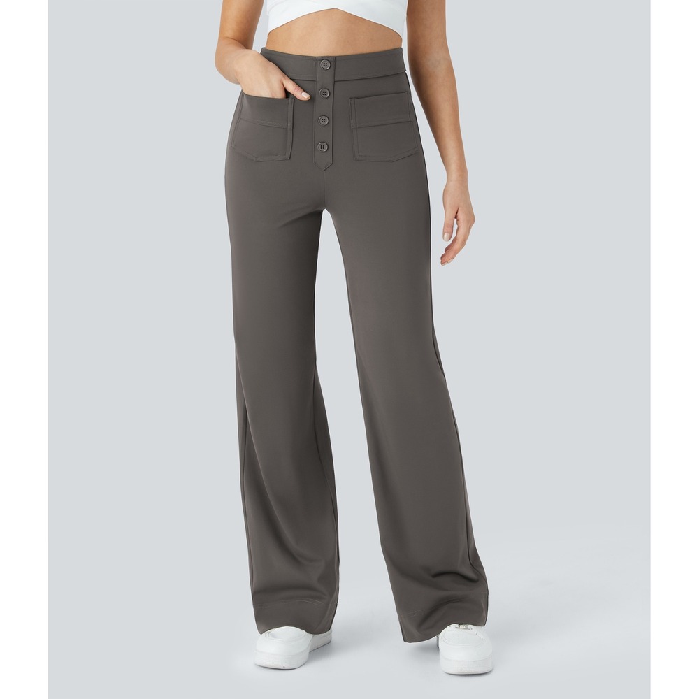 Halara DayStretch High Waisted Pocket Wide Leg Pants Deep Red Grey Medium